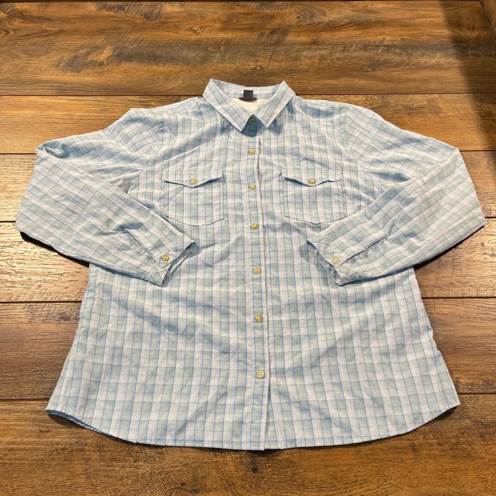Eddie Bauer Travex Womens XL Blue Plaid Long Sleeve Hiking Shirt Mesh Back Gorp